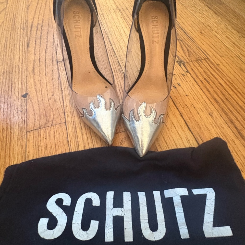 Schutz Metallic Silver Flame Fire Heels